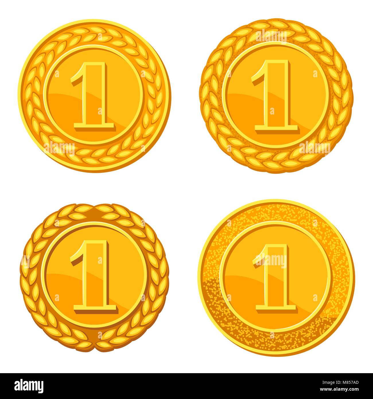 Set di realistico medaglie d oro. Illustrazione di premi per lo sport o concorsi aziendale Illustrazione Vettoriale