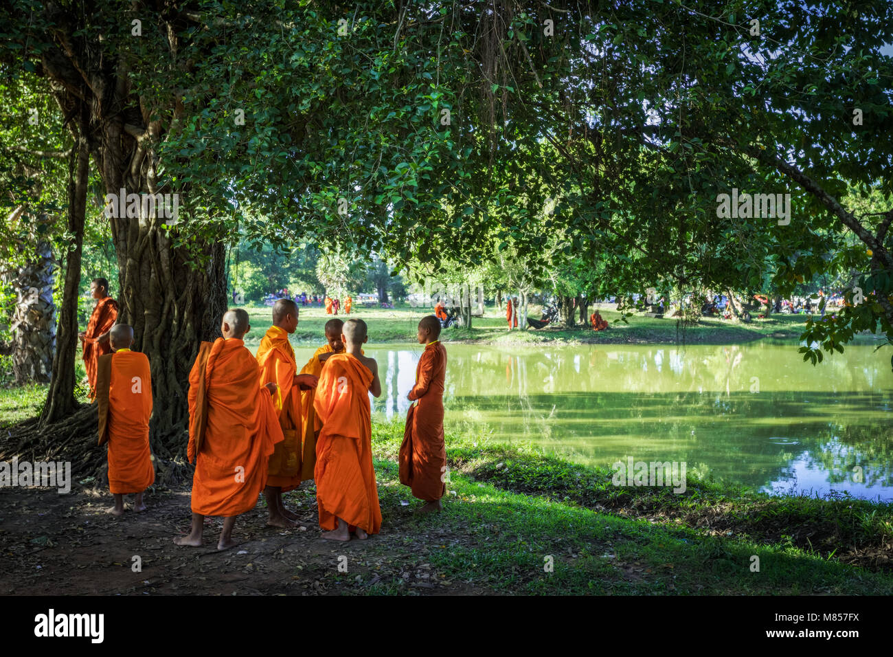 I monaci presso il Parco Archeologico di Angkor, Siem Reap, Cambogia Foto Stock