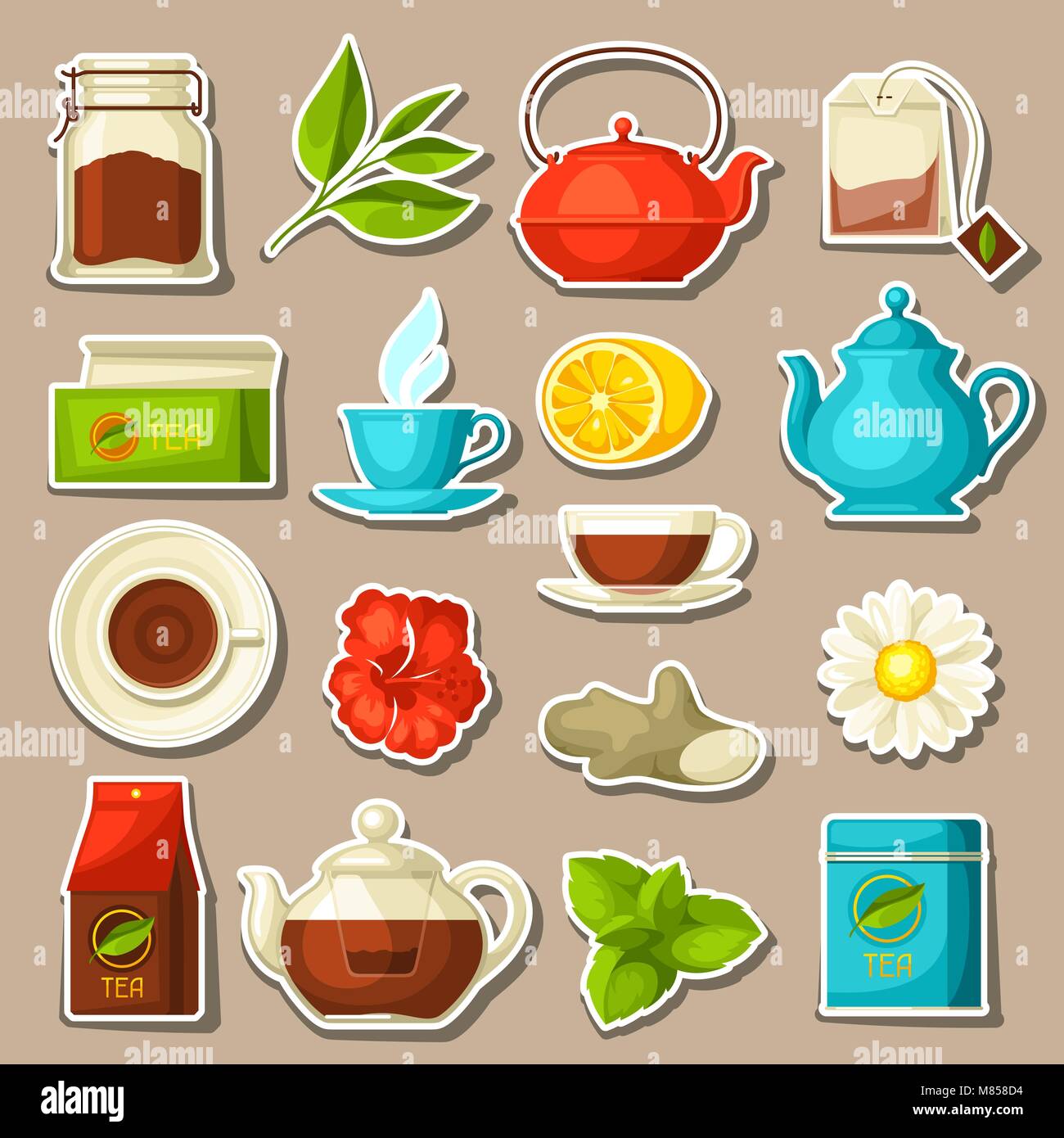 Serie di tè e accessori, pack e bollitori Illustrazione Vettoriale