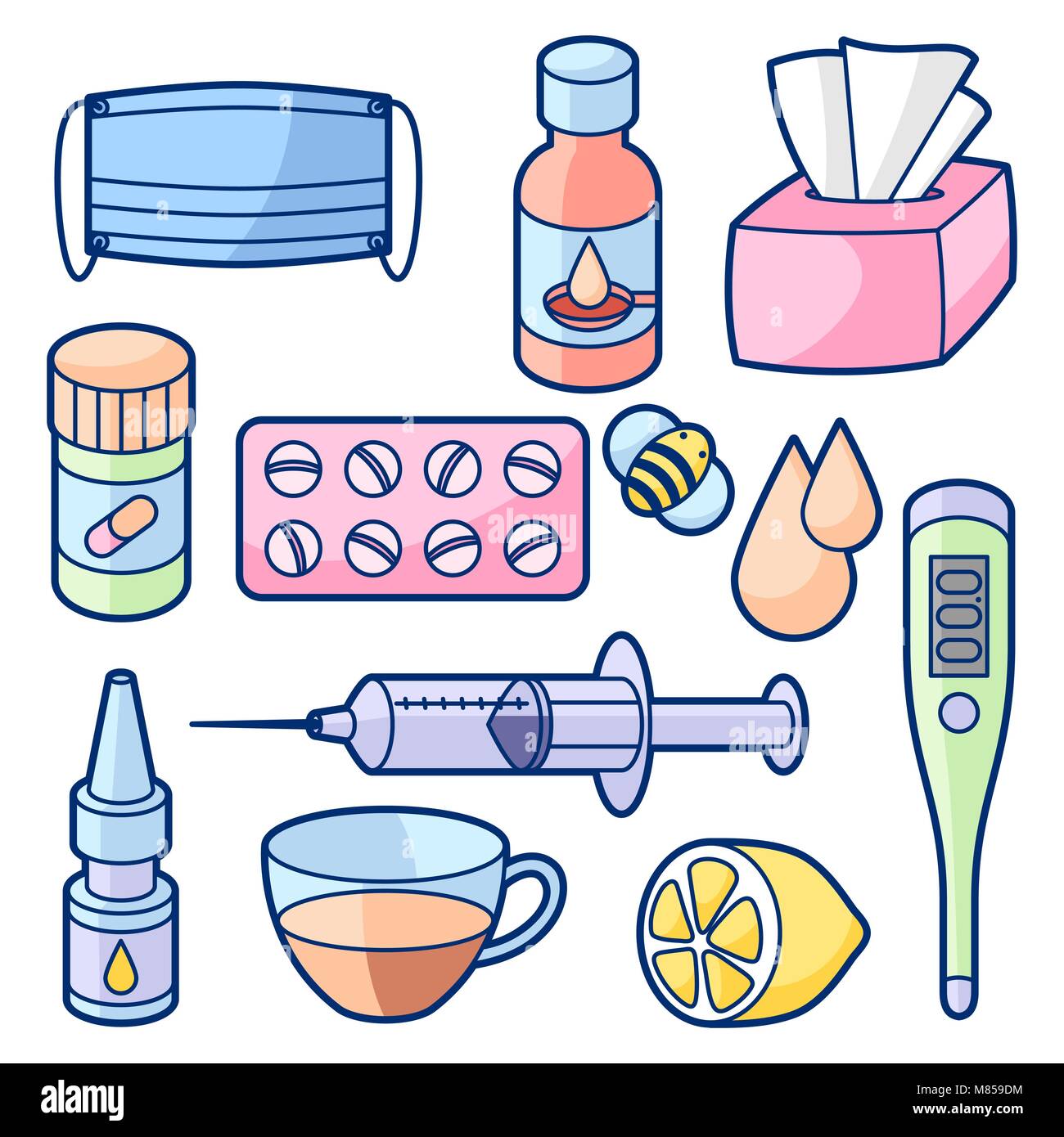 Medicinali e oggetti medici set. Il trattamento di raffreddore e influenza Illustrazione Vettoriale