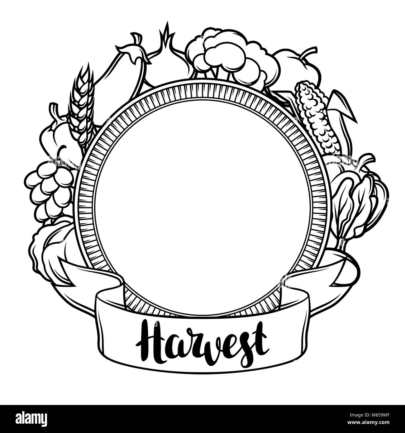 Harvest elemento decorativo. Illustrazione di autunno con nastro, frutta di stagione e verdure Illustrazione Vettoriale
