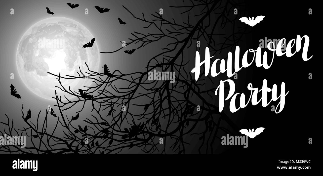 Sfondo di Halloween con luna e rami di alberi. Invito al partito o un biglietto di auguri Illustrazione Vettoriale