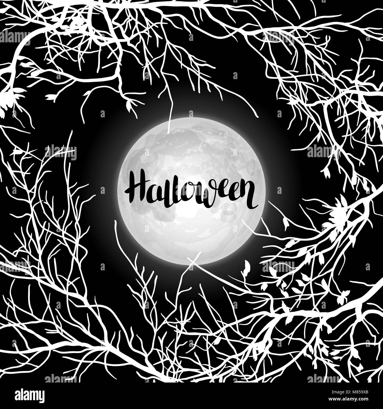 Sfondo di Halloween con luna e rami di alberi. Invito al partito o un biglietto di auguri Illustrazione Vettoriale