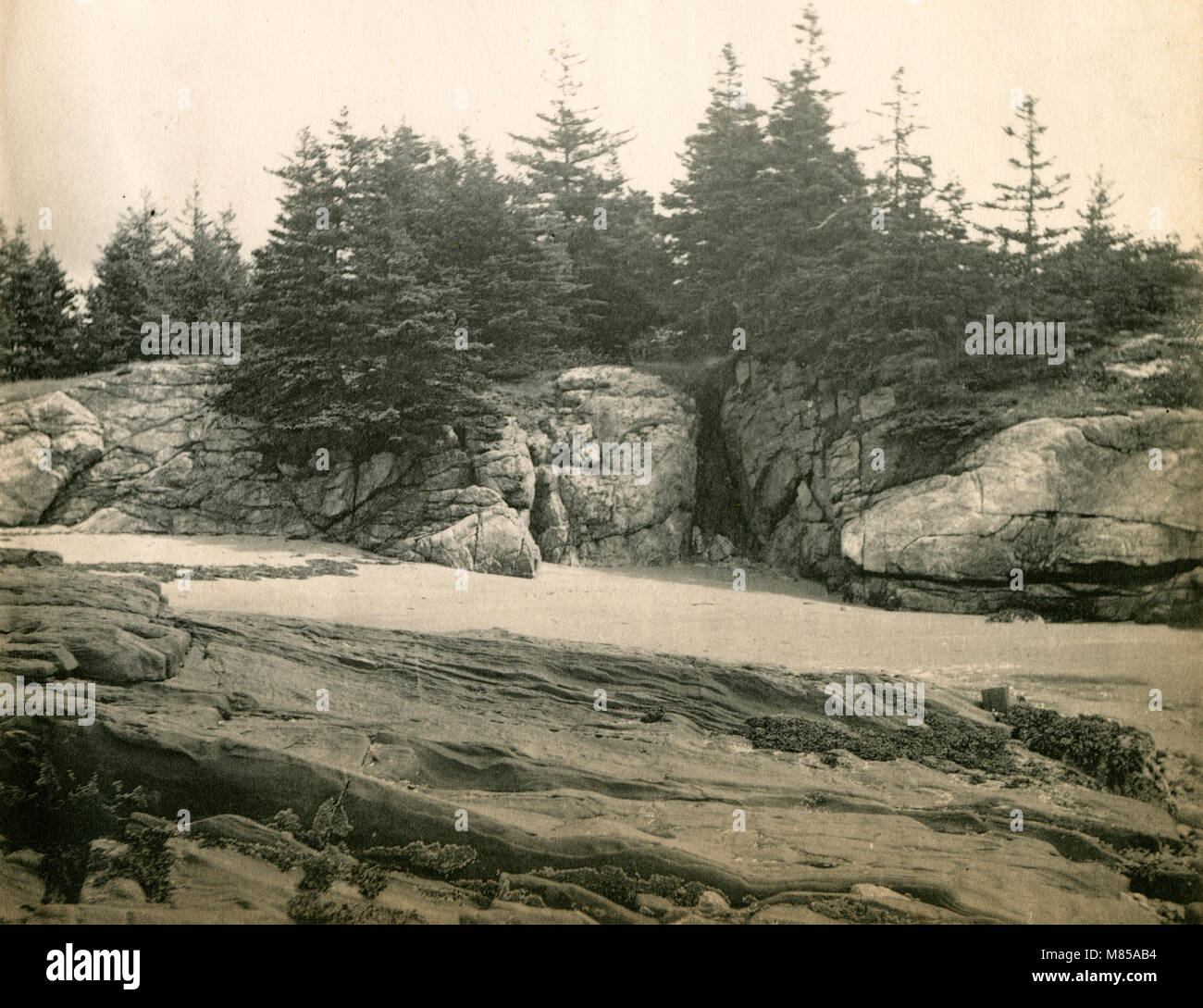 Antique circa 1905 fotografia, rocky outcroppiing a bassa marea sul fiume Sasanoa. La posizione è in o vicino a Riggsville (ora Robinhood), Maine in Sagadahoc County, Stati Uniti d'America. Foto Stock