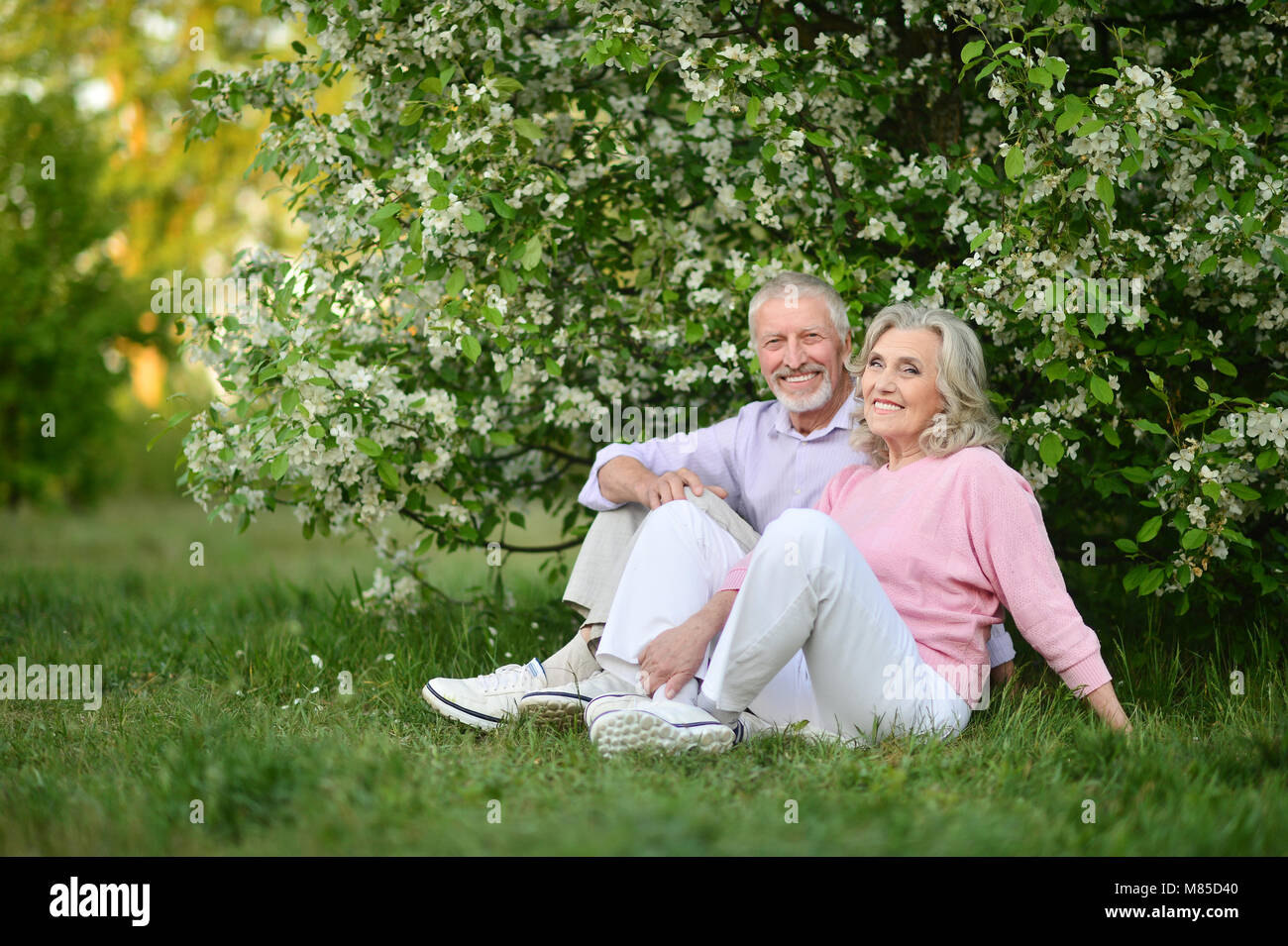 Felice coppia seduta nel Parco di primavera Foto Stock
