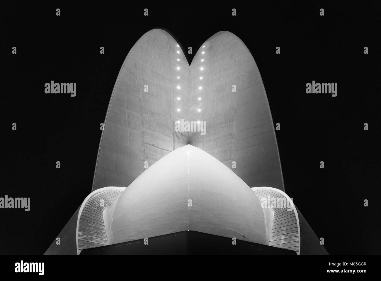 Santa Cruz de Tenerife, Spagna - 12 Febbraio 2018: Scena Notturna dettagli in bianco e nero del famoso Auditorium di Tenerife, futuristico e inspir Foto Stock