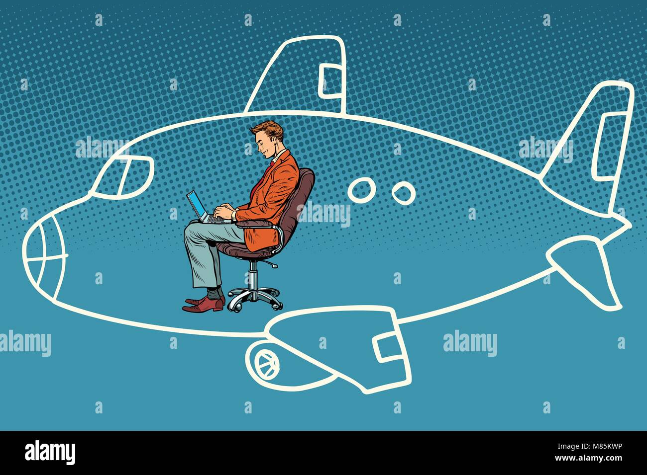 Imprenditore lavora su un laptop, sogni di volare a bordo di un velivolo Illustrazione Vettoriale