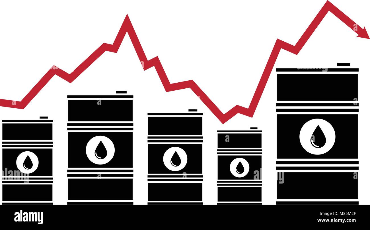 Vettore di olio grezzo prezzo grafico finanziario. freccia rossa mostra i prezzi del petrolio in su e in giù il commercio trend del mercato energetico sfondo piatto Illustrazione Vettoriale