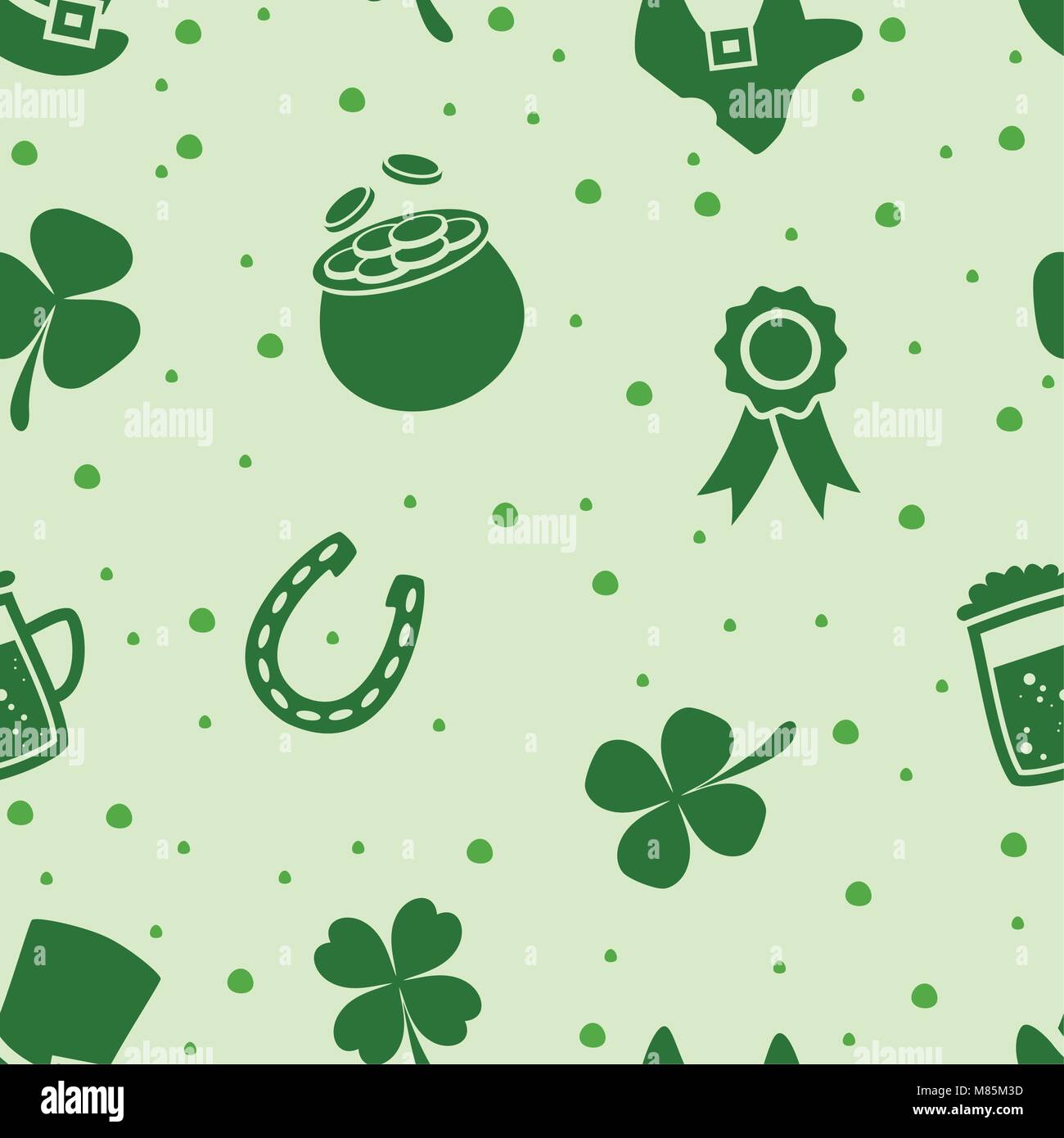 Vector pattern senza giunture di irlandesi per il giorno di San Patrizio con shamrock trifoglio, birra, soldi calderone pieno di monete doro, leprechaun hat e ferri di cavallo. gree Illustrazione Vettoriale