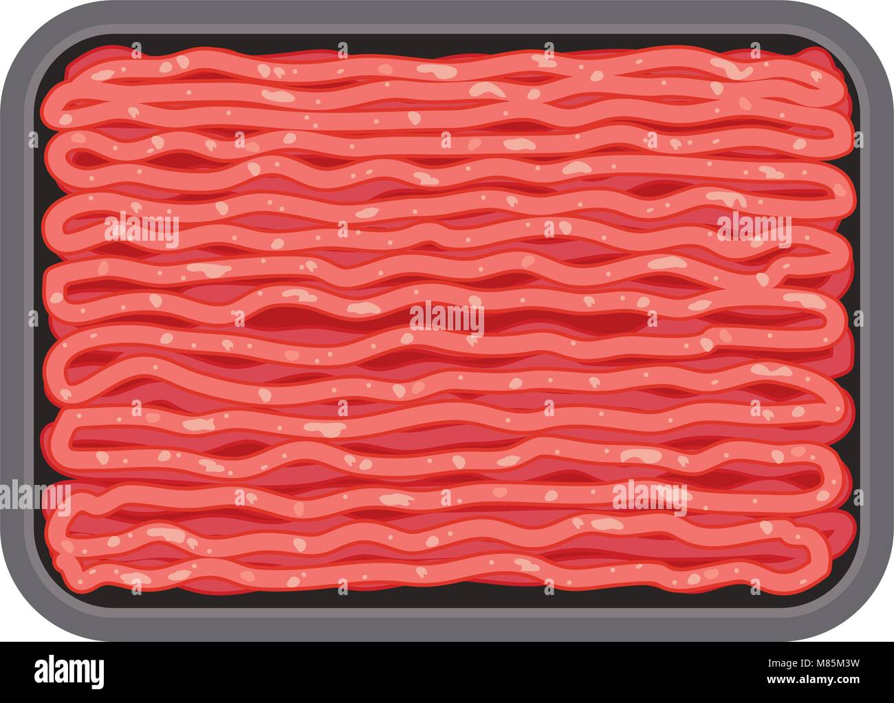 Vettore di carne macinata in vaschetta plastica isolati su sfondo bianco, massa materie di manzo o di maiale nero nel pacchetto. Piatto stile grafico Illustrazione Vettoriale