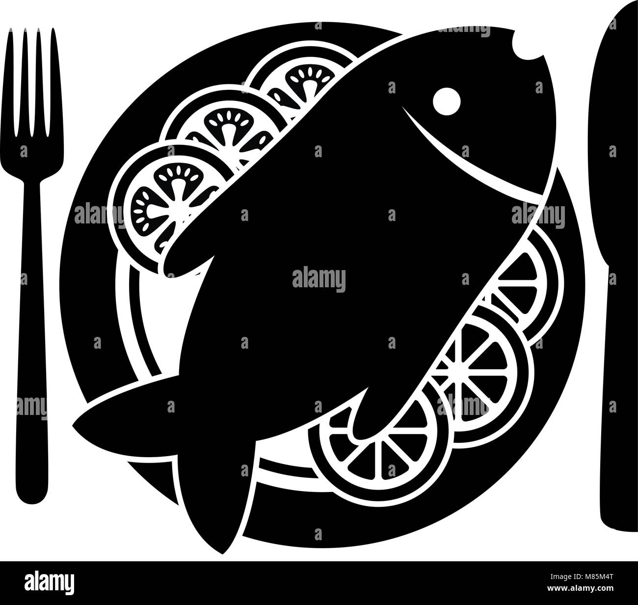 Vettore di pesce cotto e verdure crude su una piastra con coltello e forchetta. in bianco e nero icona della carpa o orate di pesce con limone, pomodori e cetrioli Illustrazione Vettoriale