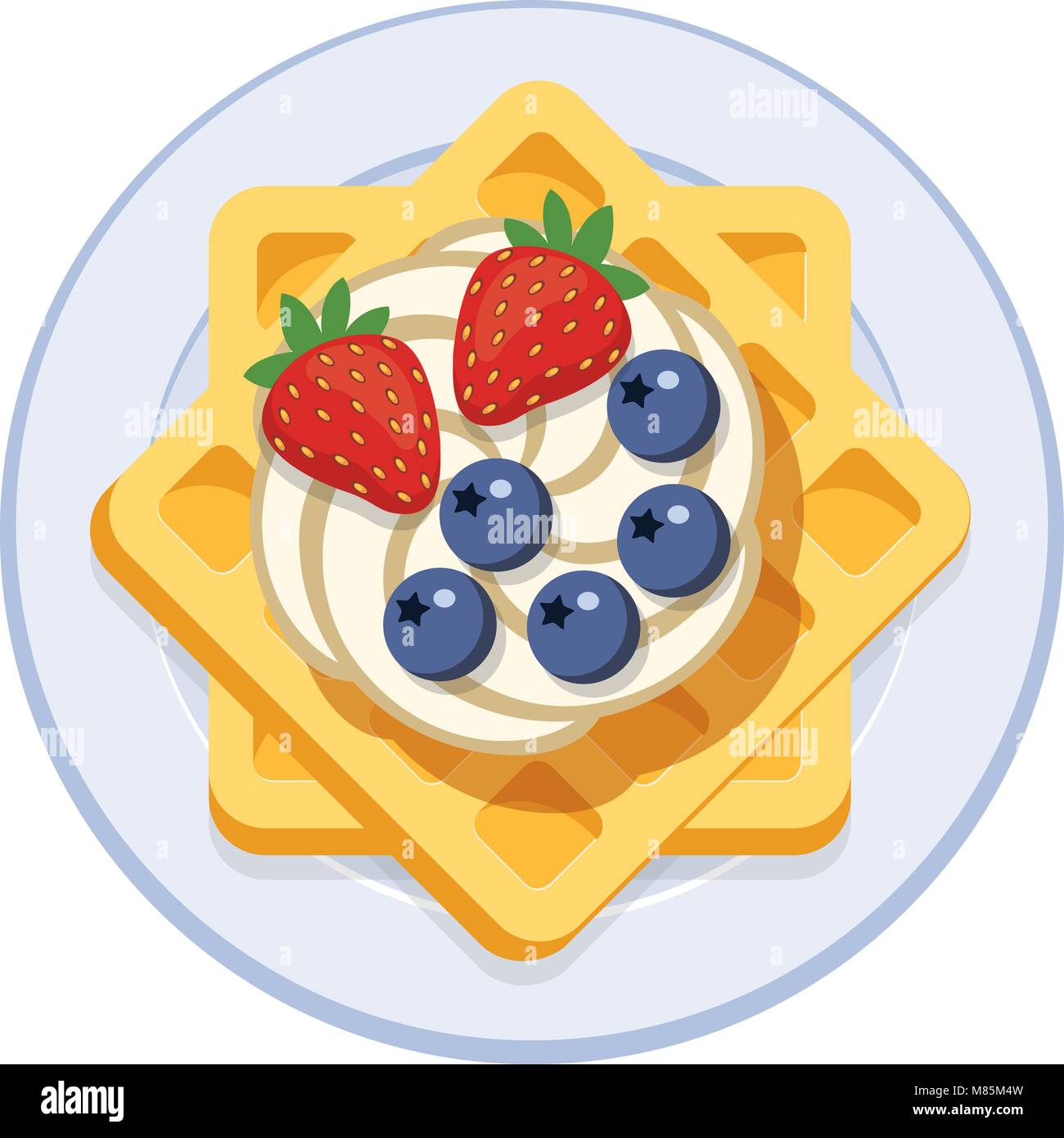 Vettore cialde belghe con gelato e bacche colorate isolati su sfondo bianco. colazione waffle fatti in casa con panna, mirtillo e strawberr Illustrazione Vettoriale