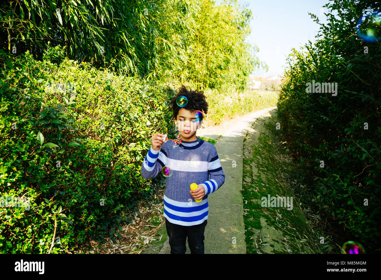 Little Boy soffiare bolle su un percorso nel giardino in una giornata di sole Foto Stock