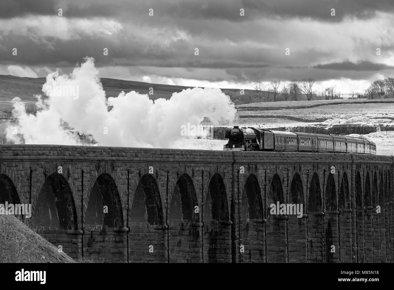 Puffing Steam cloud, iconico locomotore LNER classe A3 60103 Flying Scotsman, viaggia sopra gli archi del viadotto Ribblehead - North Yorkshire, Inghilterra, Regno Unito. Foto Stock