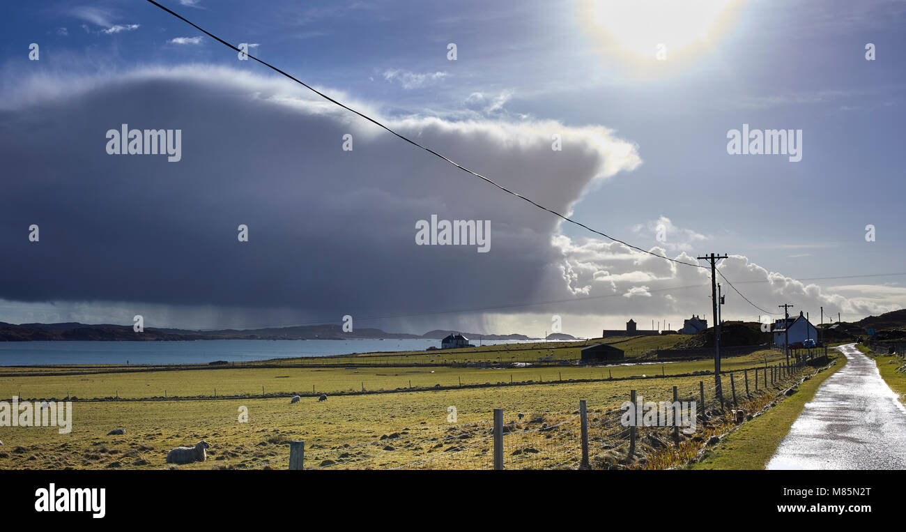 A sud con cielo tempestoso affacciato sulla Abbey e pecore al pascolo a Iona. Argyll, Scozia. 17 Febbraio 2018 Foto Stock