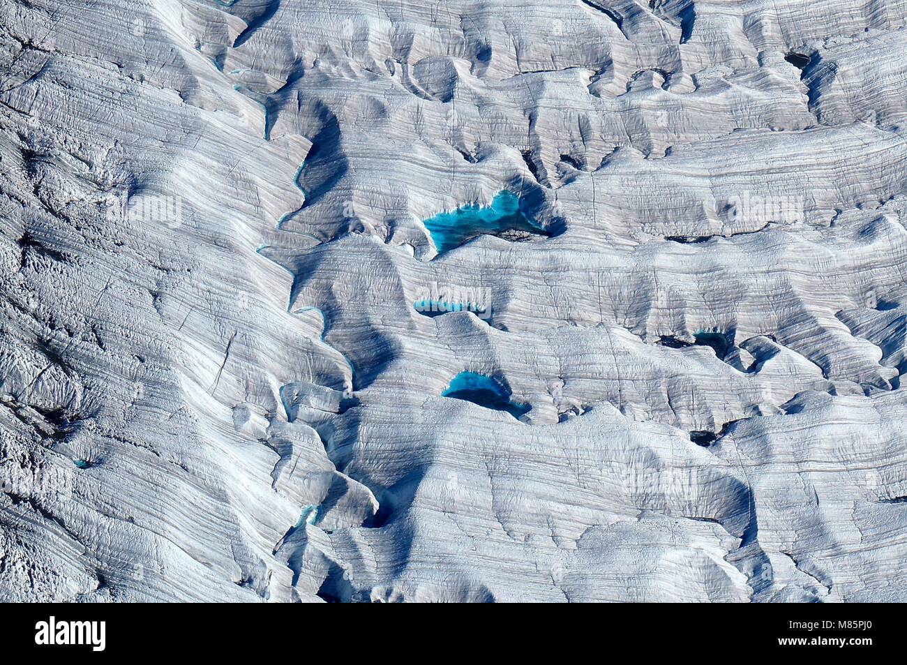 Volo panoramico su ghiacciaio di radice in Wrangell st Elias National Park, Alaska Foto Stock