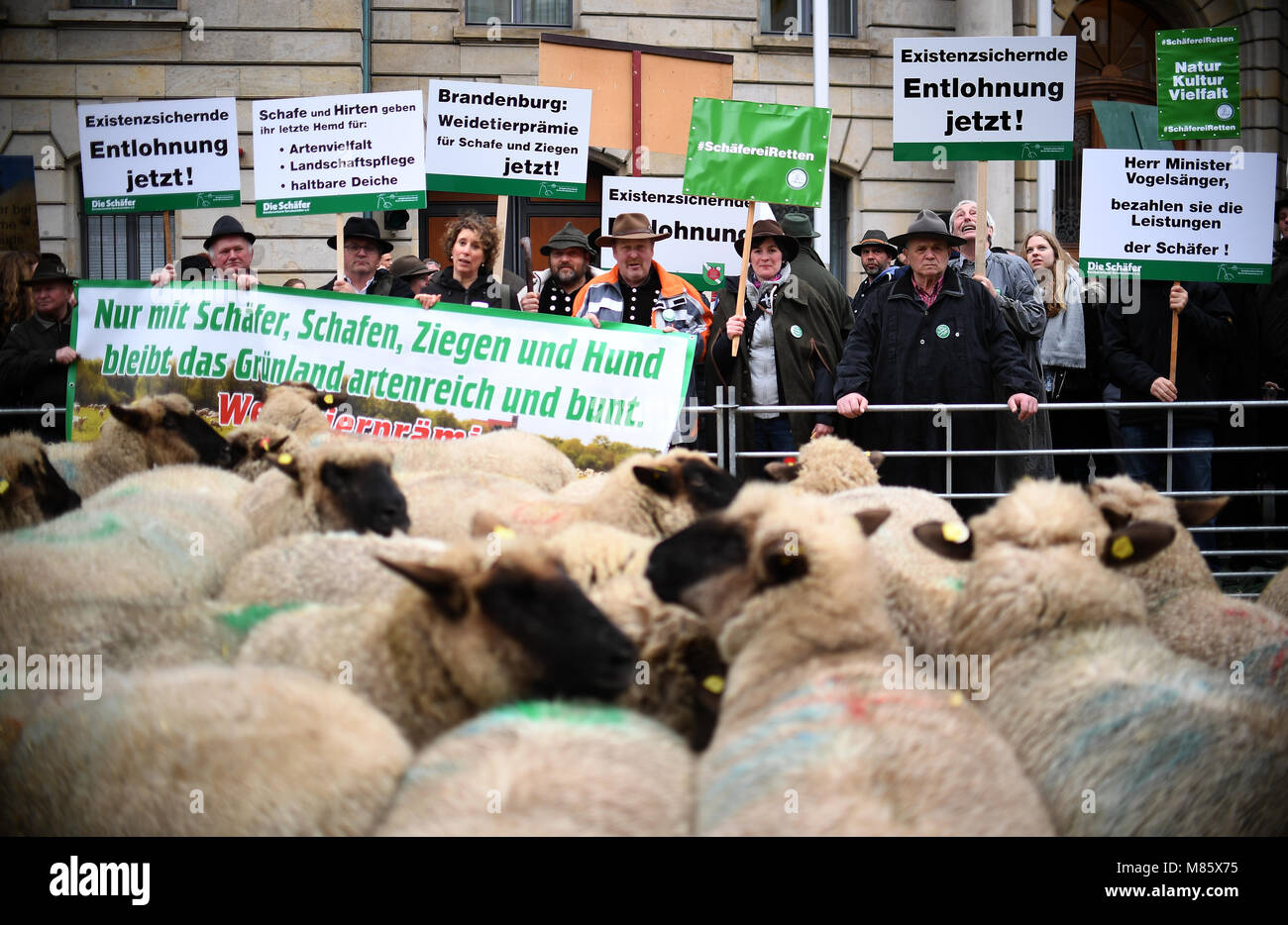 13 marzo 2018, Germania Berlino: Pastori protesta per la conservazione della loro professione con un pascolo' bonus al di fuori del ministero tedesco dei prodotti alimentari e dell'agricoltura. Essi portano un banner di lettura "NUR MIT SCHAEFER, SCHAFEN ZIEGEN UND HUND BLEIBT DAS GRUENLAND ARTENREICH UND BUNT' (lit. Solo con pastori, pecore, goands e cani della prateria soggiorni ricchi di specie e colorati) e ulteriori indicazioni. Foto: Britta Pedersen/dpa-Zentralbild/ZB Foto Stock
