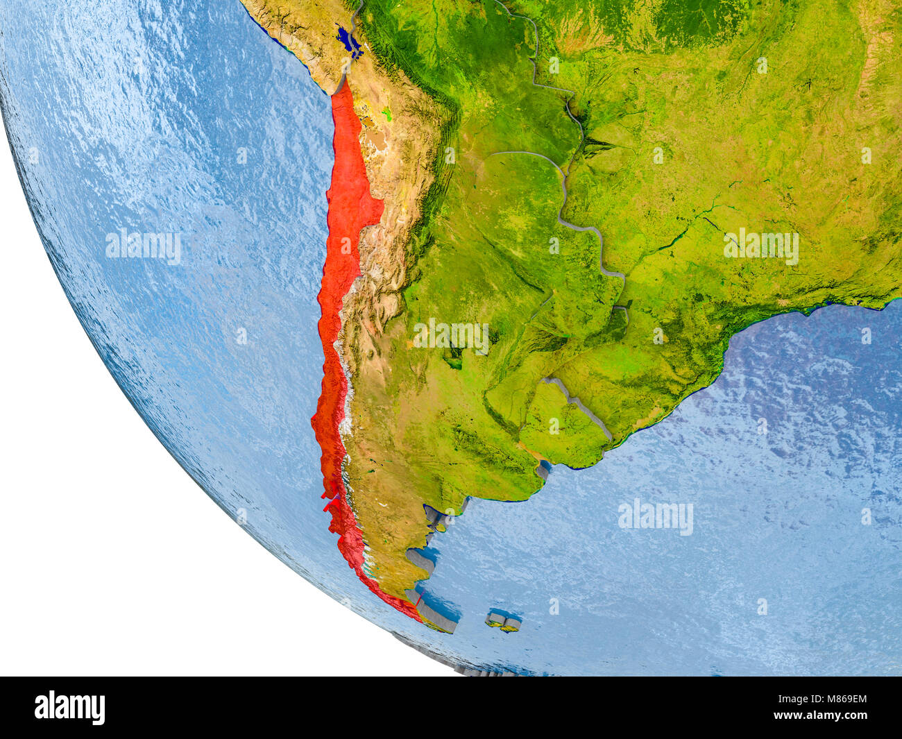 Mappa di Cile in rosso sul globo terrestre con il pianeta reale superficie goffrata, paesi con visibili i confini e acqua negli oceani. 3D'illustrazione. Eleme Foto Stock