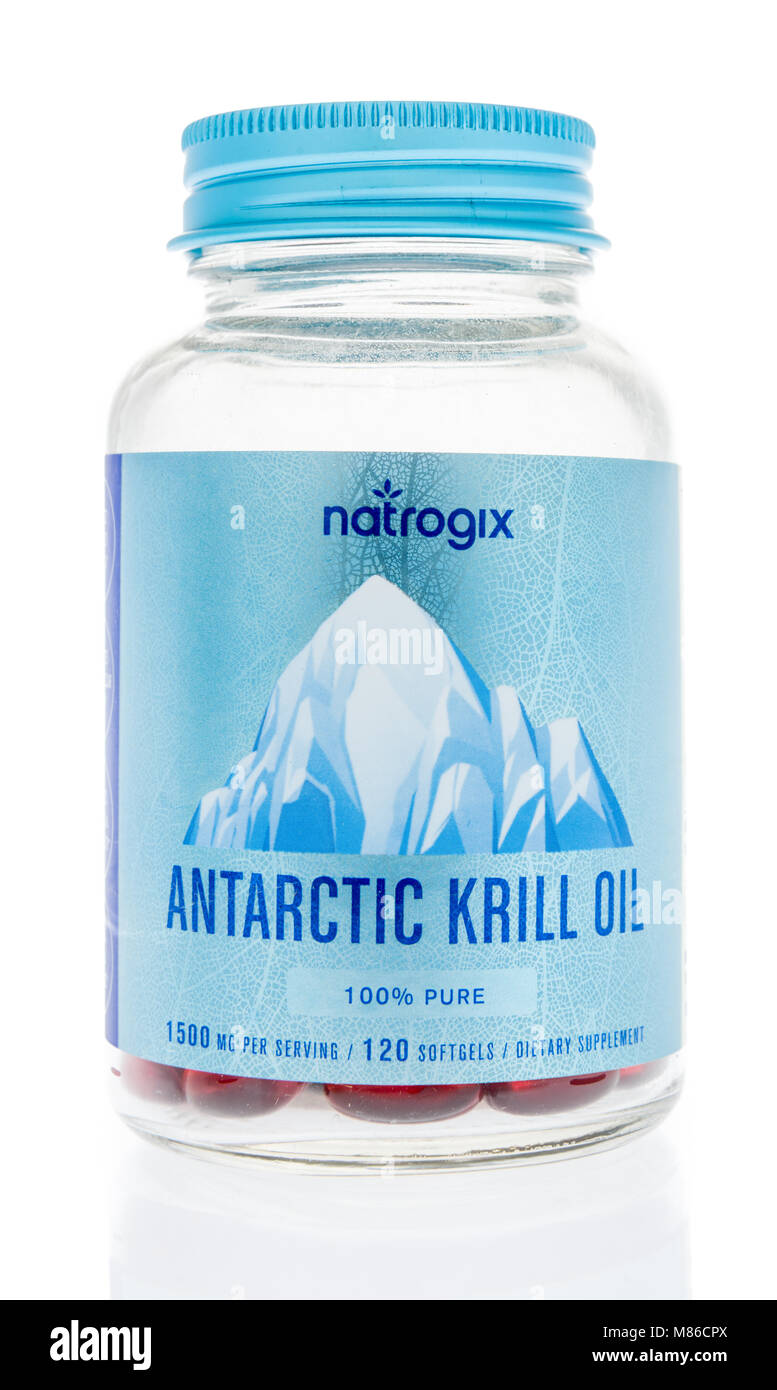 Winneconne, WI - 27 Febbraio 2018: una bottiglia di Natrogix krill antartico olio su un sfondo isolato. Foto Stock