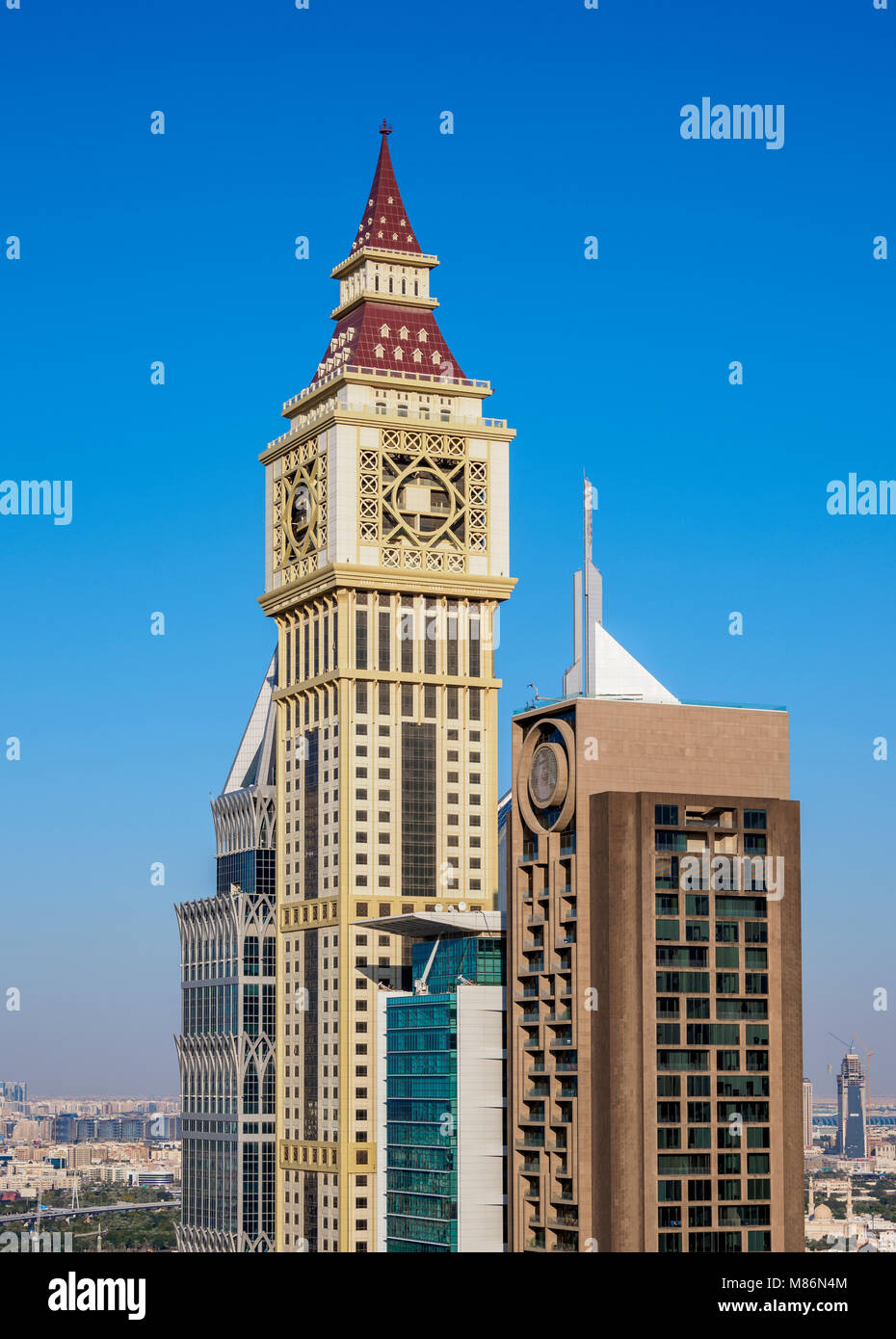 Centro Finanziario Internazionale di Dubai, vista in elevazione, Dubai, Emirati Arabi Uniti Foto Stock