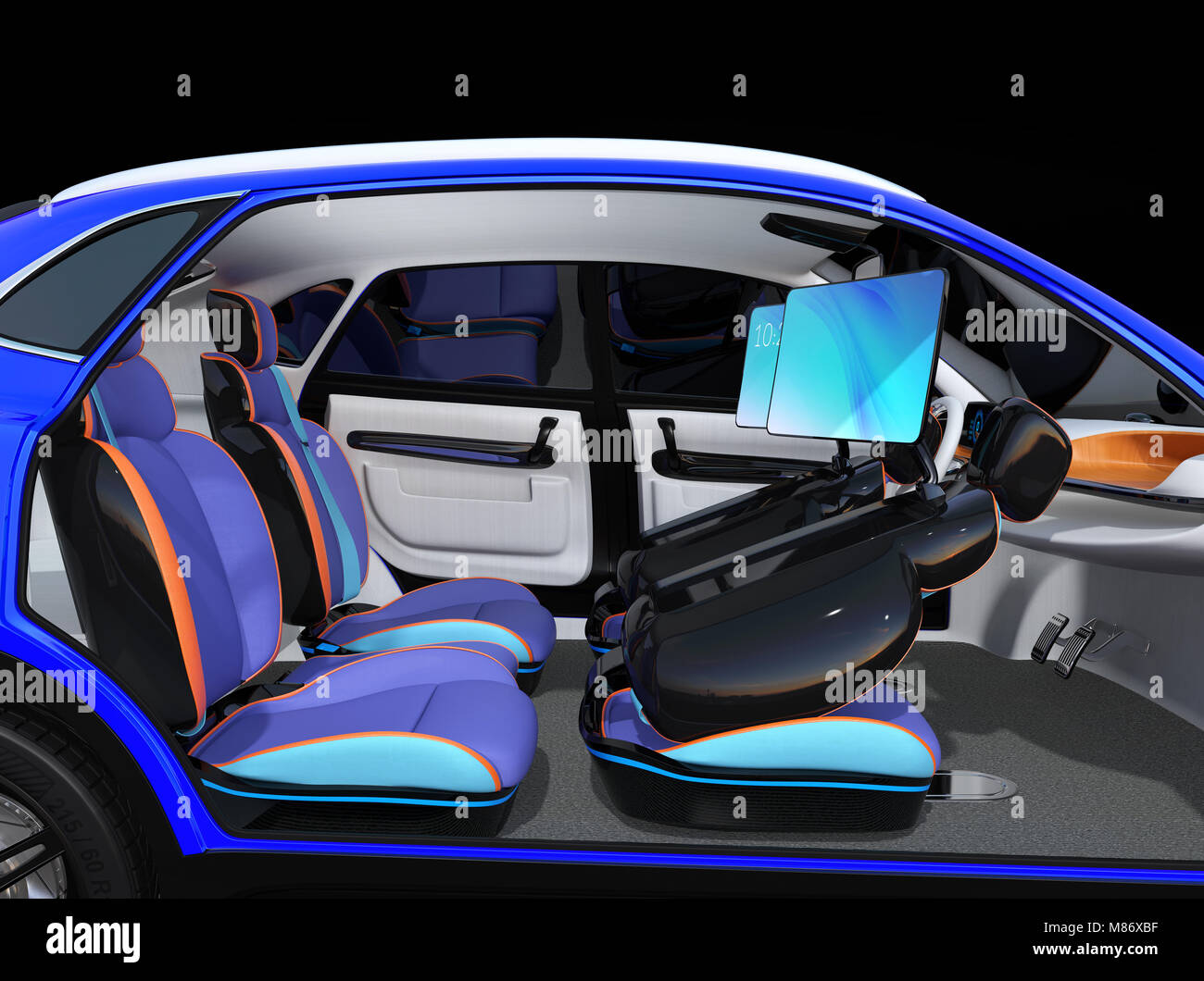 Electric self-guida auto SUV interior design. I sedili anteriori sono dotati di monitor. Concept per il nuovo business stile di lavoro in auto. 3D rendering immagine Foto Stock