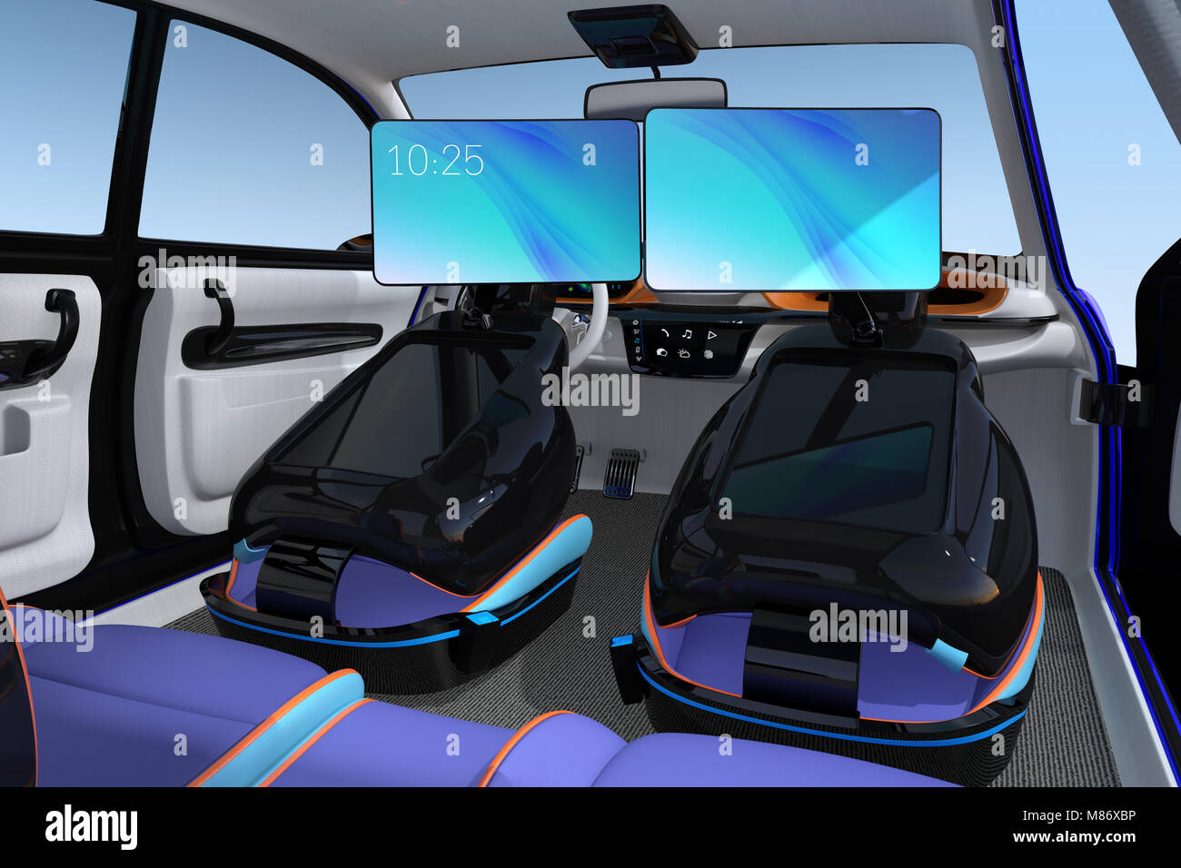 Electric self-guida auto SUV interni. I sedili anteriori sono dotati di monitor. Concept per il nuovo business stile di lavoro in auto. 3D rendering immagine Foto Stock