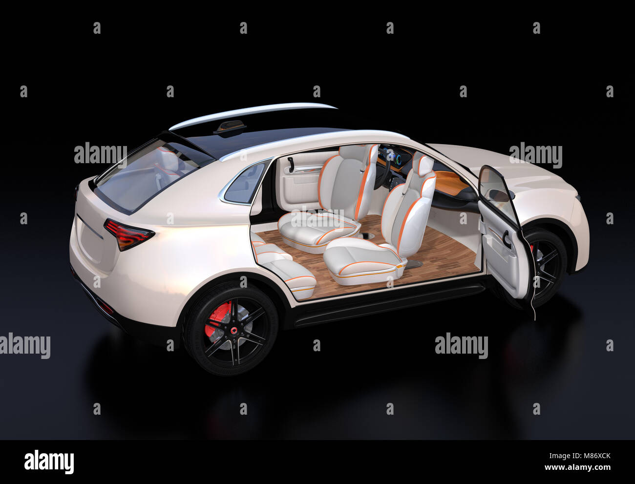 Vista posteriore del bianco Auto-guida SUV elettrico auto sulla massa riflettente. Sedili anteriori rivolto all'indietro. Il rendering 3D'immagine. Foto Stock