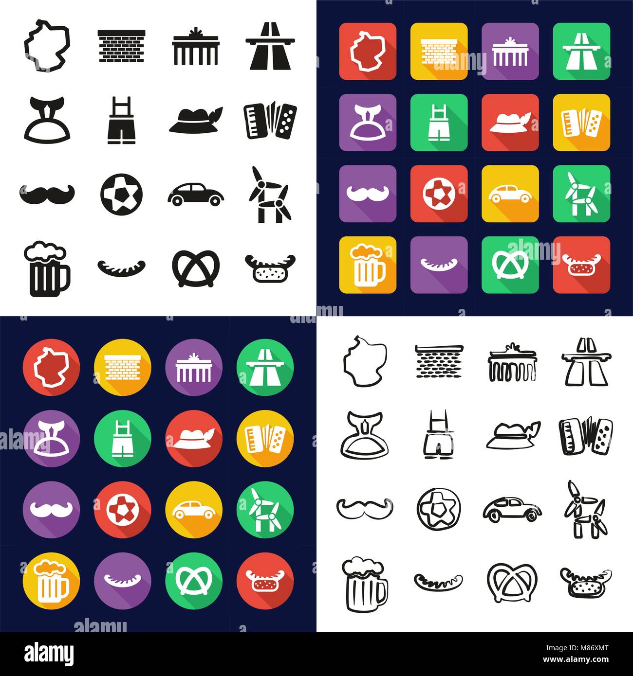 Germania tutti in una delle icone in Bianco e Nero Color Design piatto Set di Freehand Illustrazione Vettoriale