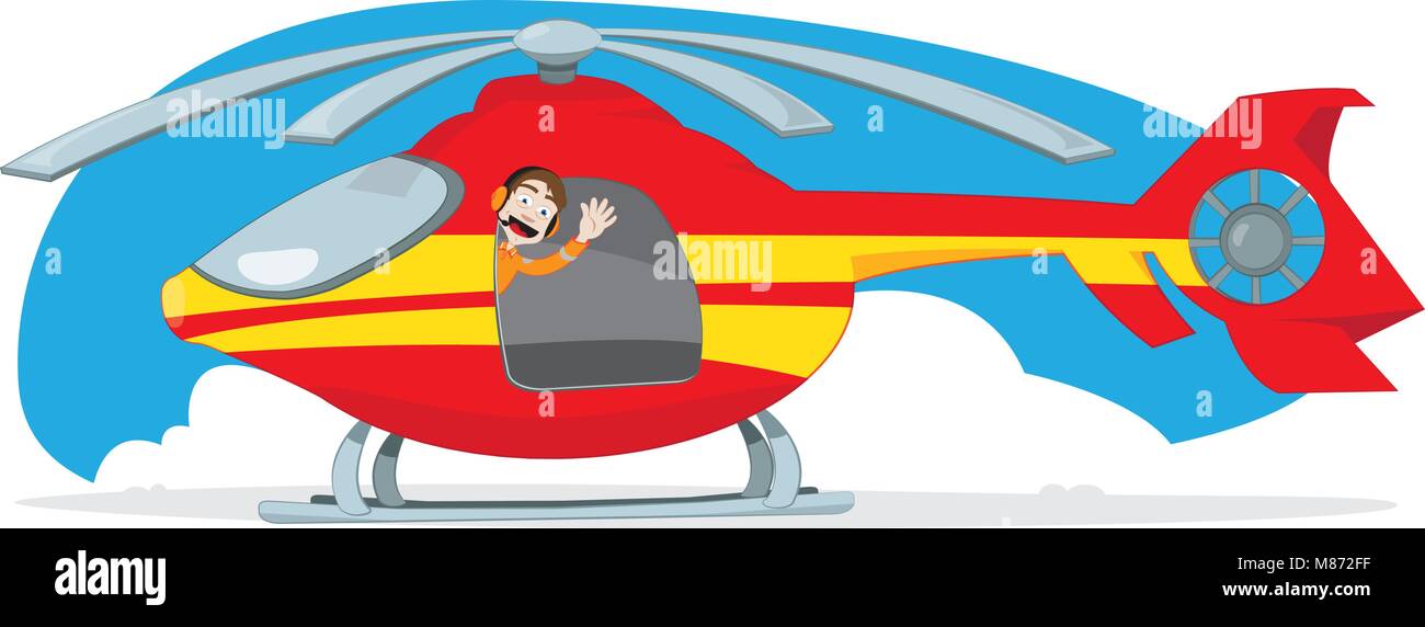 Rosso e giallo Salvataggio in elicottero azionato da un divertente e amichevole acclameranno pilota Illustrazione Vettoriale