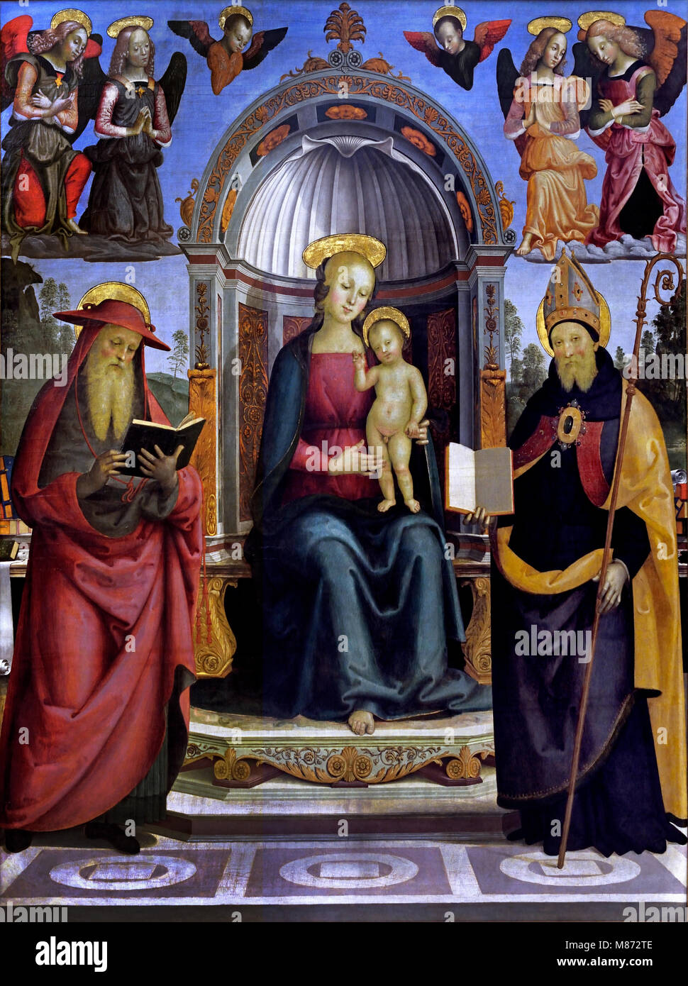 Vergine con il Bambino in trono tra San Girolamo, Sant'Agostino, quattro angeli e due cherubini Pietro Perugino 1446/1452 - 1523 nato Pietro Vannucci, Italiano pittore rinascimentale di scuola umbra, Italia Foto Stock