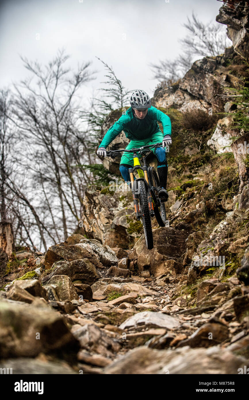 Un mountain biker cavalca un sentiero roccioso a Coed-y-Brenin in Snowdonia, il Galles del Nord. Foto Stock