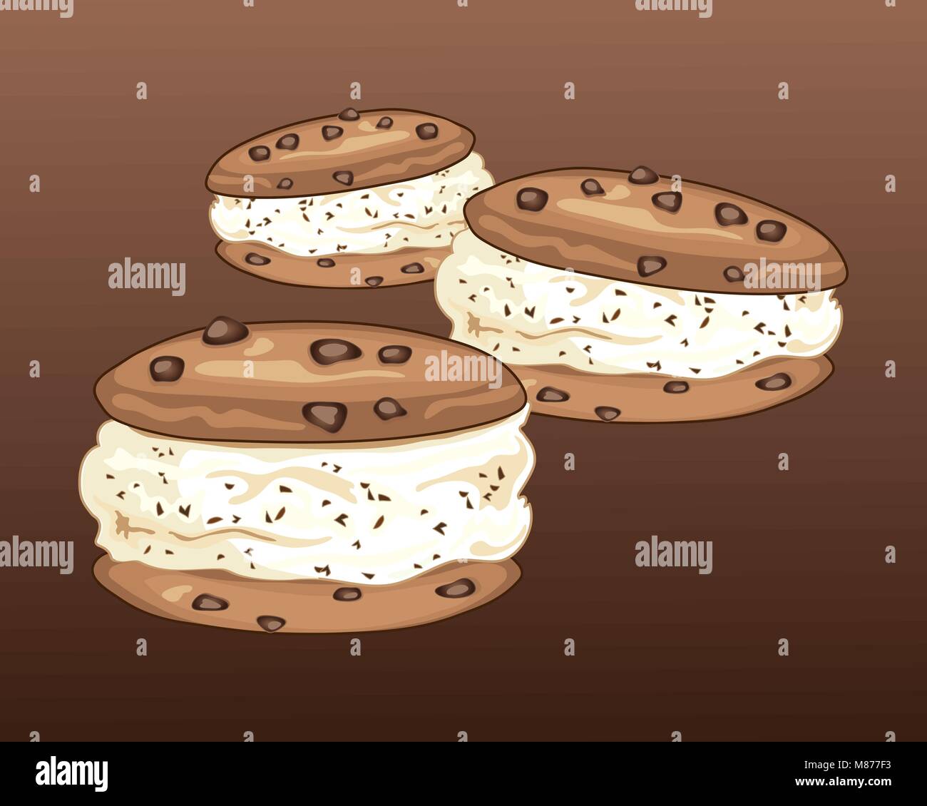 Una illustrazione vettoriale in formato eps formato 10 di tre vaniglia chocolate chip ice cream sandwich con i cookie su uno sfondo scuro Illustrazione Vettoriale