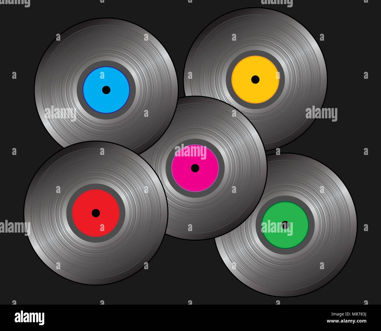 Una illustrazione vettoriale in formato eps formato 10 di cinque 80s style dischi in vinile con etichette colorate su sfondo nero Illustrazione Vettoriale