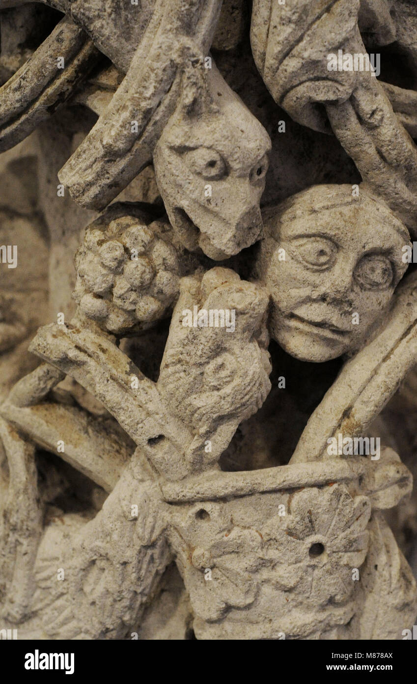 Segmento di arco con drago e testa umana. Dettaglio. Colonia, ca. 1200-1230. Un frammento proveniente da un portale. Museo Schnütgen. Colonia, Germania. Foto Stock