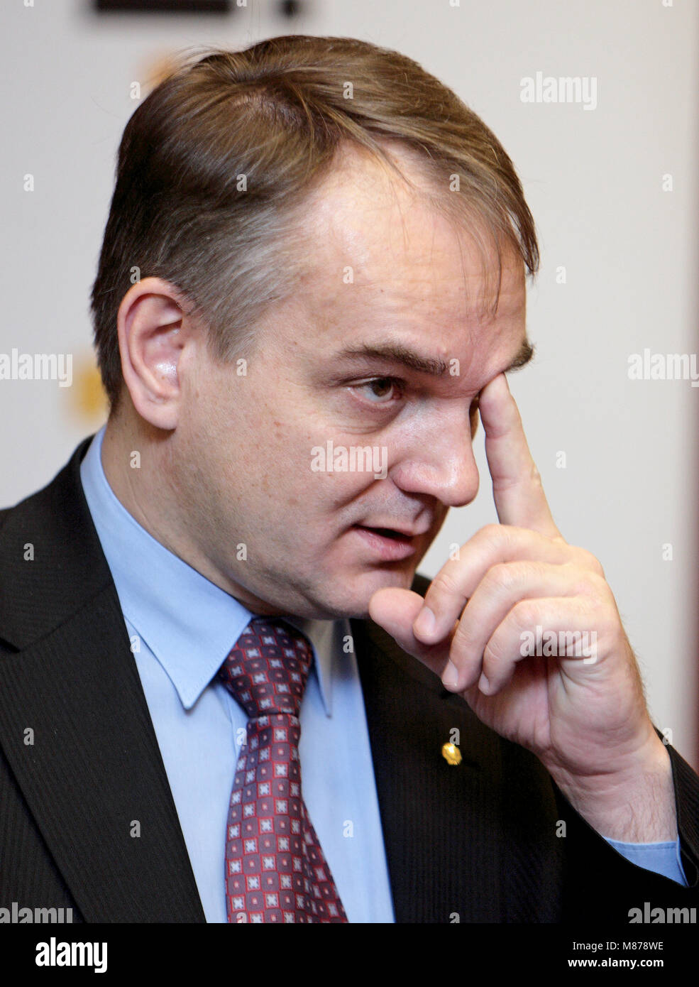 Varsavia, Masovia / Polonia - 2008/08/13: Waldemar Pawlak, vice primo ministro della Polonia e leader dei contadini polacchi' Party PSL durante una pressa conferiscono Foto Stock