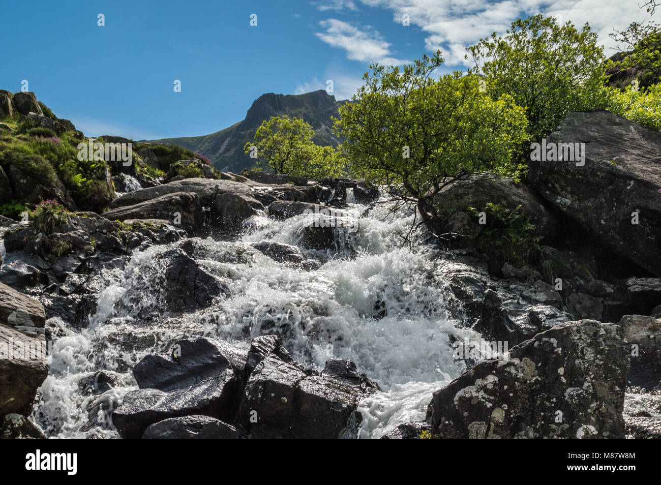 Da Llyn Idwal una cascata corre giù per il pendio della montagna a Cwm Idwal situato nel Nant Ffrancon Valley. Foto Stock