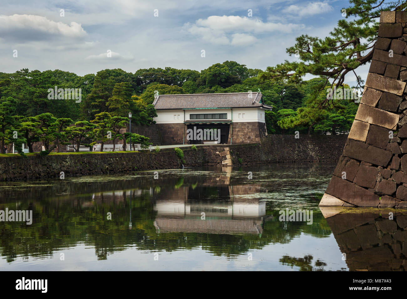 Vista della Tokyo Imperial Palace antiche mura, porta fortificata e il fossato Foto Stock