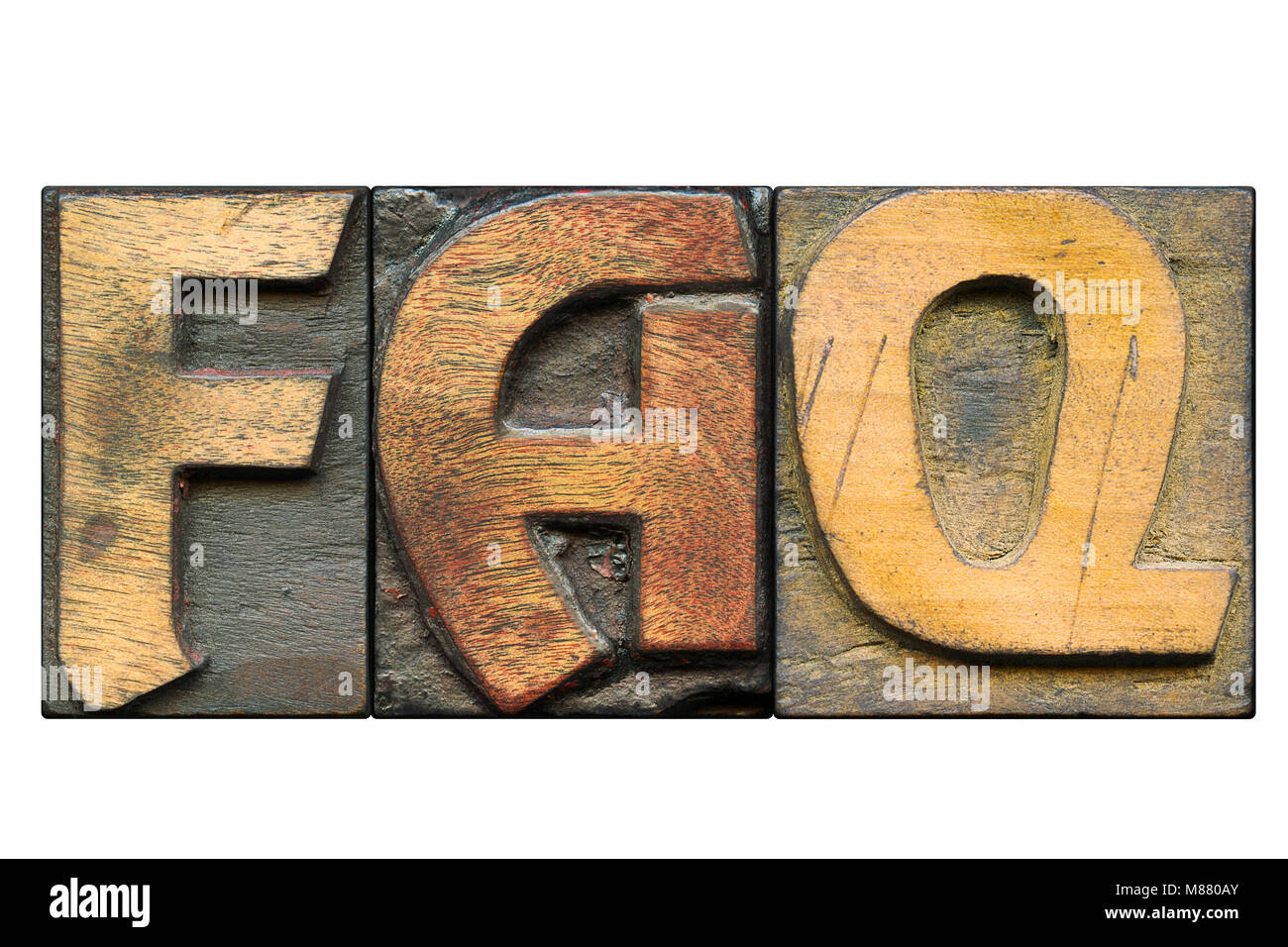 Faq parola fatta da vintage bold rilievografia blocchi isolati su bianco Foto Stock