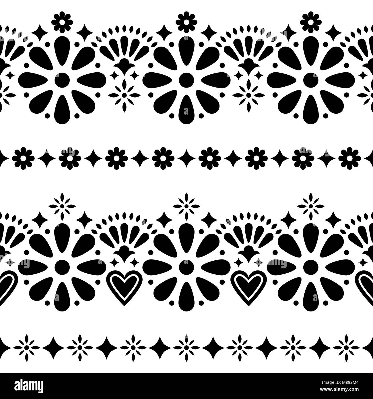Popolare messicana di vettore senza giunture - sfondo bianco e nero design lungo con fiori Illustrazione Vettoriale