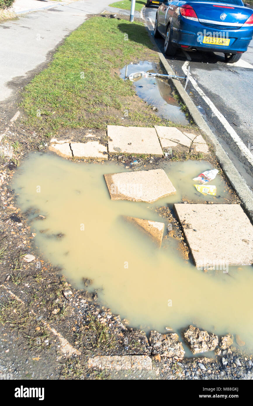 Un grande buco nell'erba orlo a lato di una strada è stata trasformata in una pozza di fango. Foto Stock