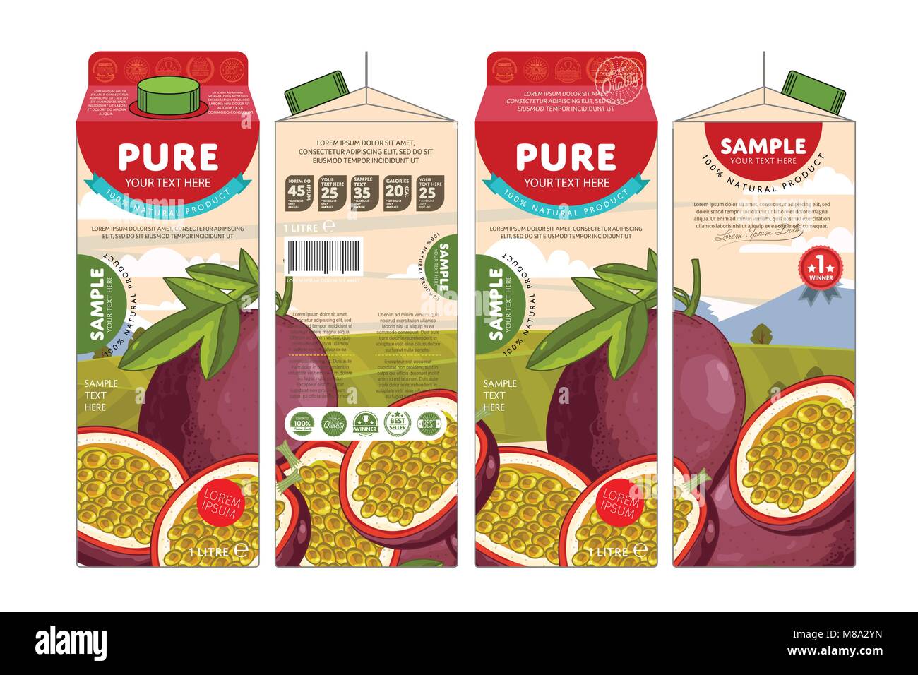 Modello di progettazione di confezionamento succo di frutto della passione Illustrazione Vettoriale