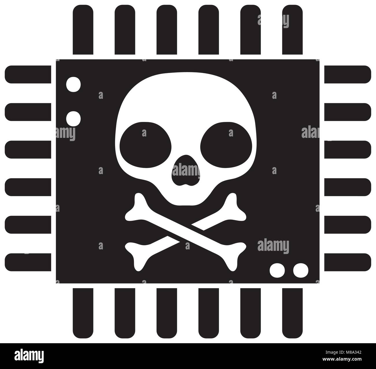 Silhouette darger teschio con ossa all'interno del circuito di chip Illustrazione Vettoriale