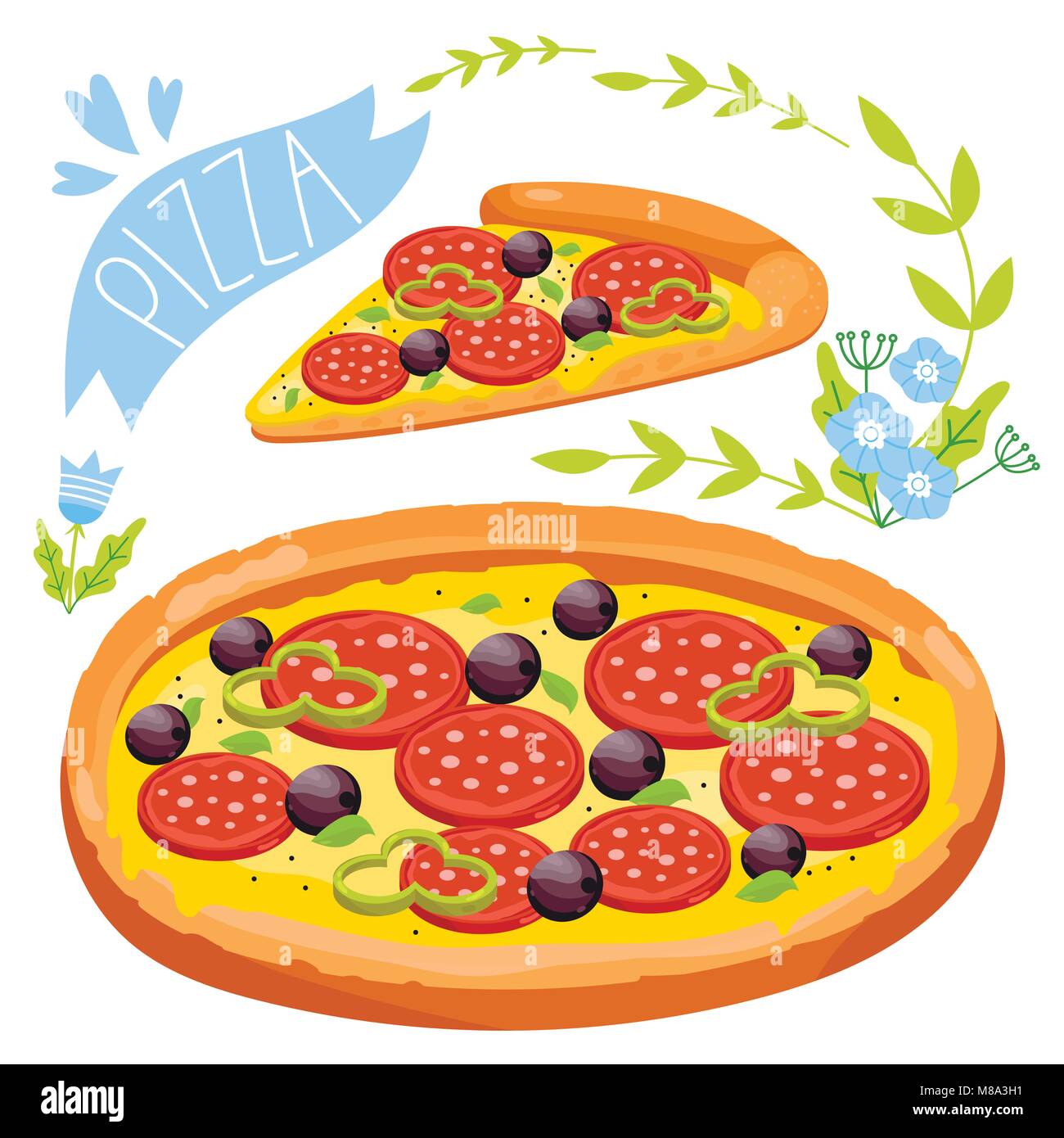 Un trancio di pizza isolati su sfondo bianco Illustrazione Vettoriale