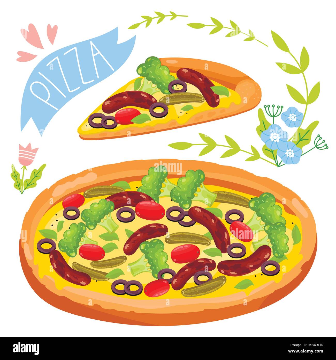 Un trancio di pizza isolati su sfondo bianco Illustrazione Vettoriale