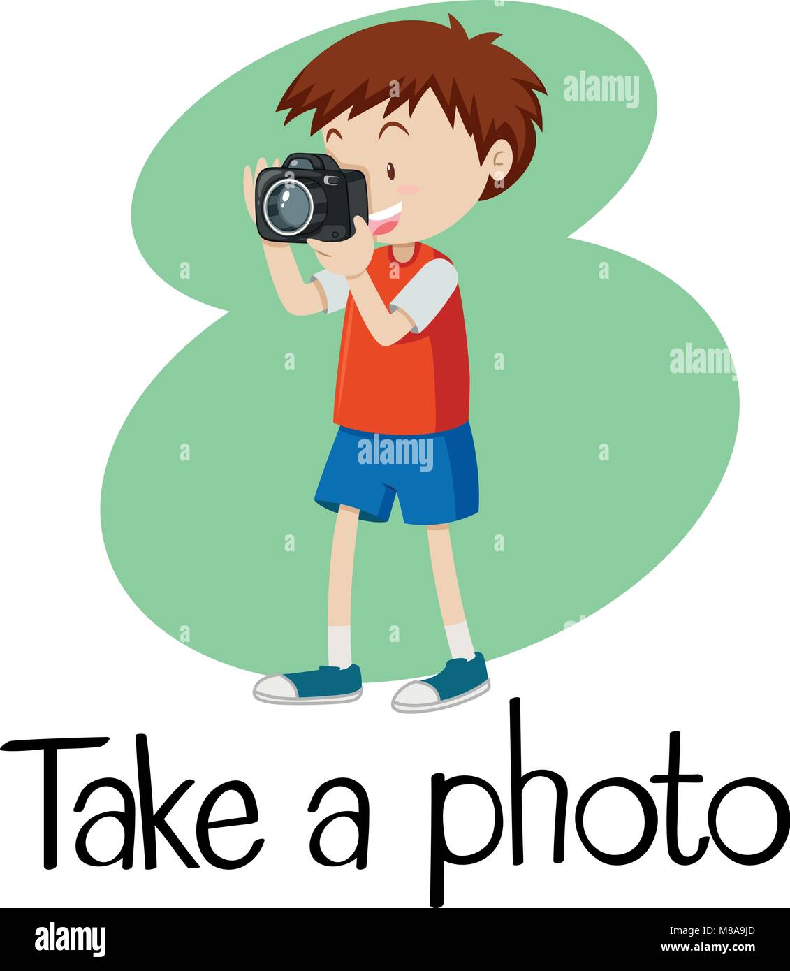Wordcard per scattare una foto con il ragazzo di prendere foto con illustrazione della fotocamera Illustrazione Vettoriale