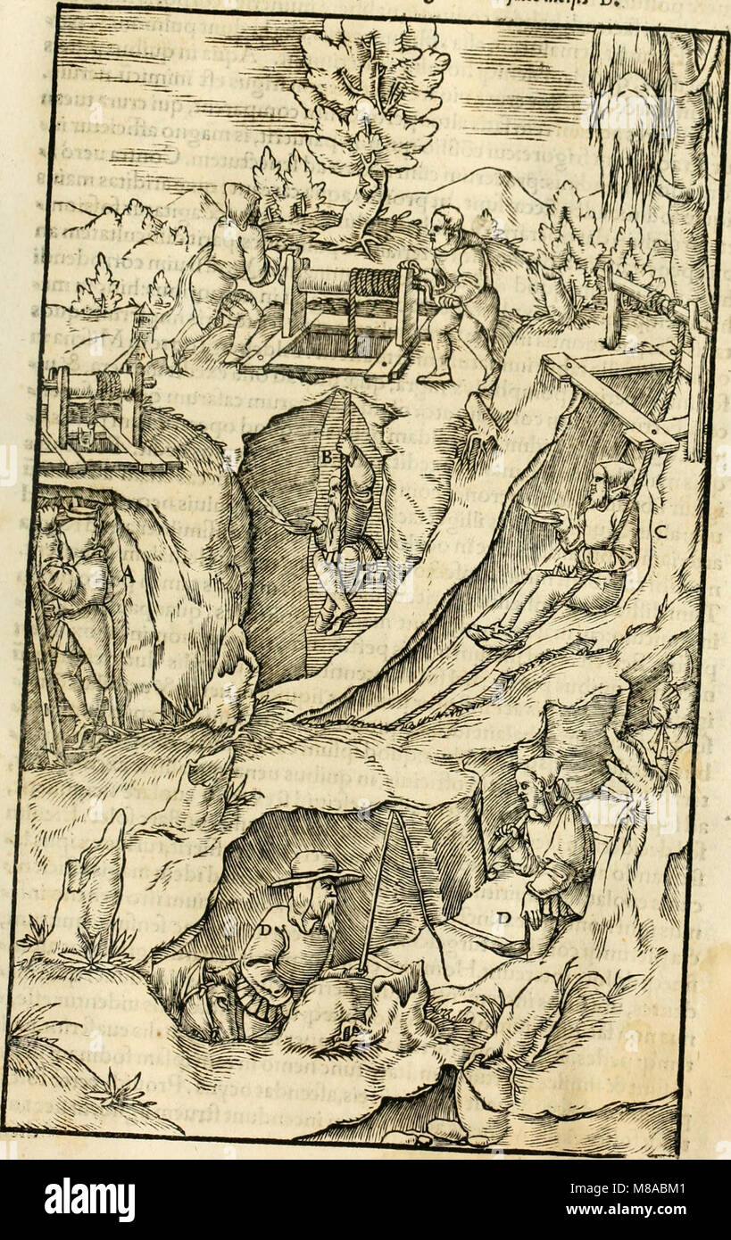 "Georgii Agricolae De re metallica libri XII" è un dettagliato trattato di Georgius agricola, scritto nel XVI secolo, sull'estrazione e la metallurgia, che copre gli strumenti, le tecniche e i macchinari impiegati nelle operazioni minerarie. Foto Stock