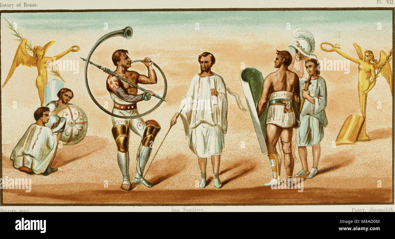 Questa opera presenta un dipinto murale di Pompei raffigurante gladiatori. Fornisce informazioni sulle pratiche sociali e culturali dell'Antica Roma, in particolare i giochi dei gladiatori e il loro ruolo nella società romana. Foto Stock