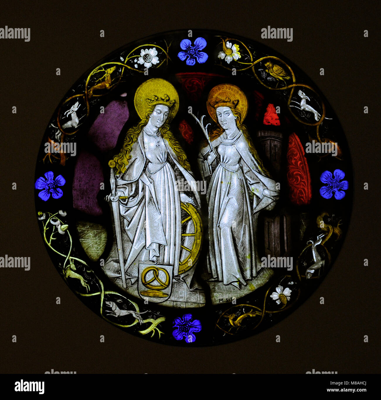 Santa Caterina e Santa Barbara. Colonia, tardo XV secolo. In Germania, il vetro macchiato. Museo Schnütgen. Colonia, Germania. Foto Stock
