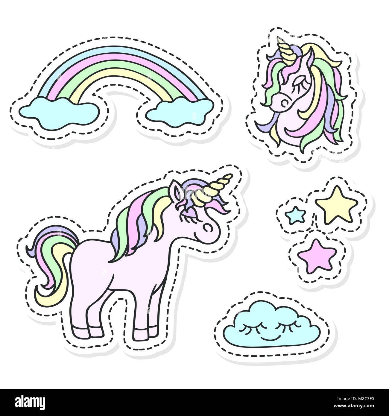 Unicorn, rainbow, nuvole, stelle, magic vettore di design di adesivi Illustrazione Vettoriale