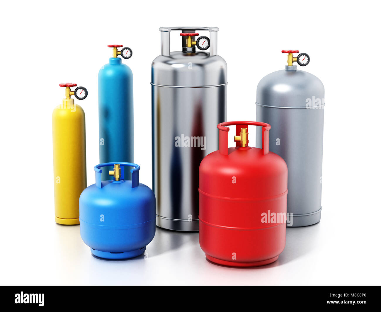 Multi-colore di bombole del gas isolate su sfondo bianco. 3D'illustrazione. Foto Stock